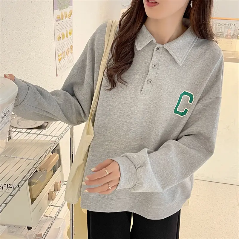 2024 Korean Style Black Polo Lapel Sweatshirt for Women — feature 9