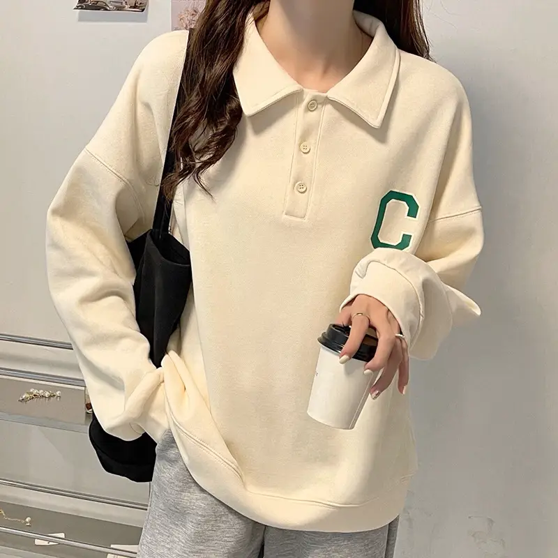 2024 Korean Style Black Polo Lapel Sweatshirt for Women - Image 3