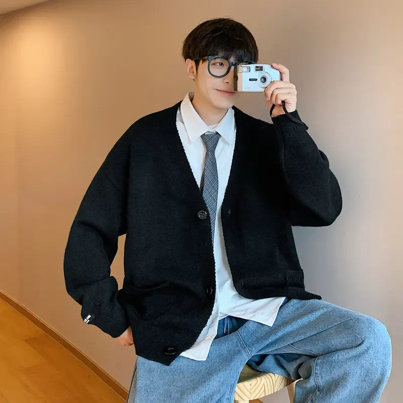 Men Grey V-Neck Loose Cardigan Spring Autumn
