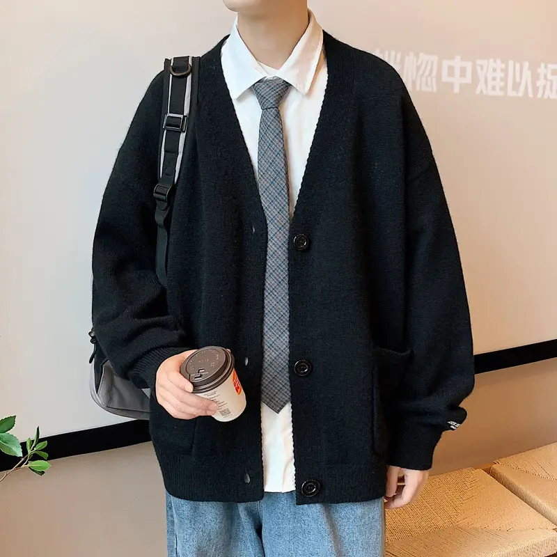 Men Grey V-Neck Loose Cardigan Spring Autumn
