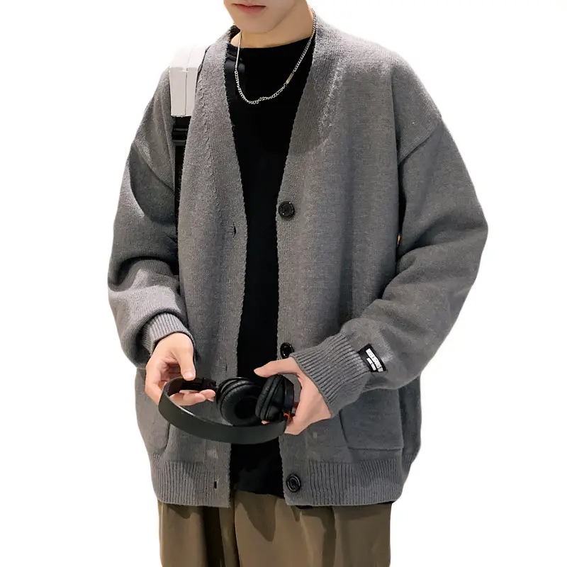 Men Grey V-Neck Loose Cardigan Spring Autumn
