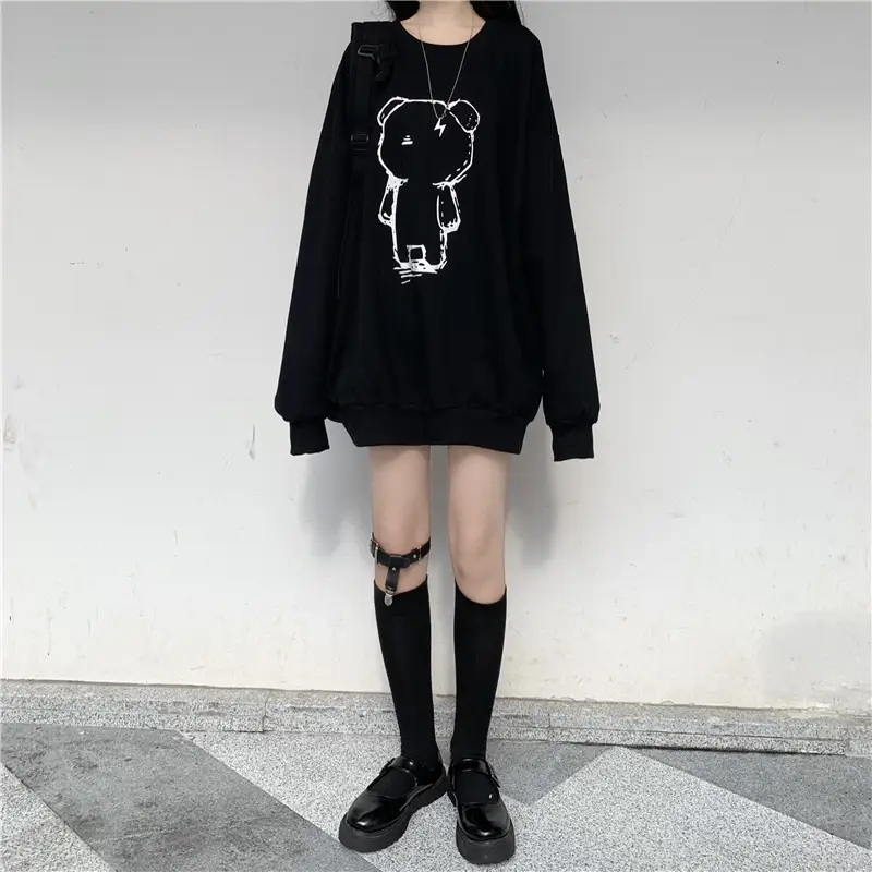 Women Loose Fit Cartoon Print Sweatshirt White Velvet Mid Length - Image 4