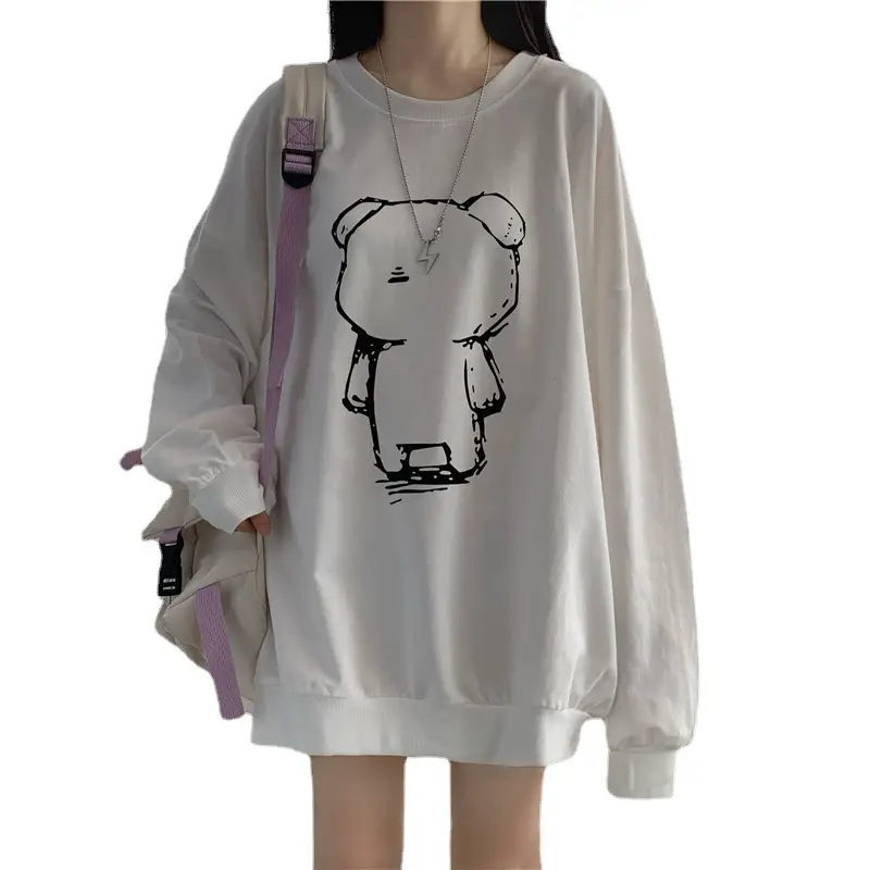 Women Loose Fit Cartoon Print Sweatshirt White Velvet Mid Length - Image 7