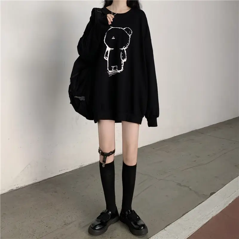 Women Loose Fit Cartoon Print Sweatshirt White Velvet Mid Length — feature 11