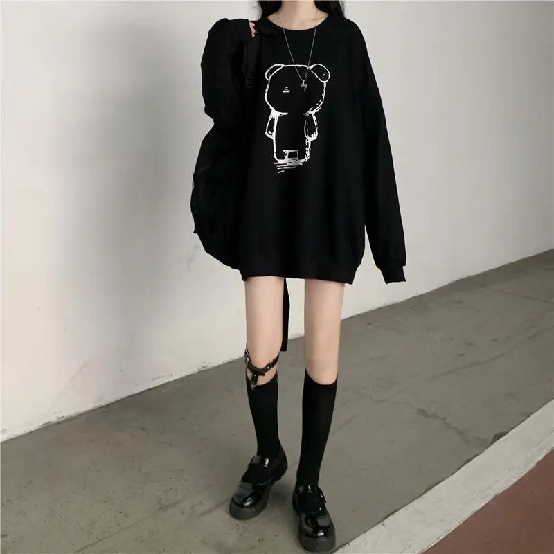 Women Loose Fit Cartoon Print Sweatshirt White Velvet Mid Length — feature 13
