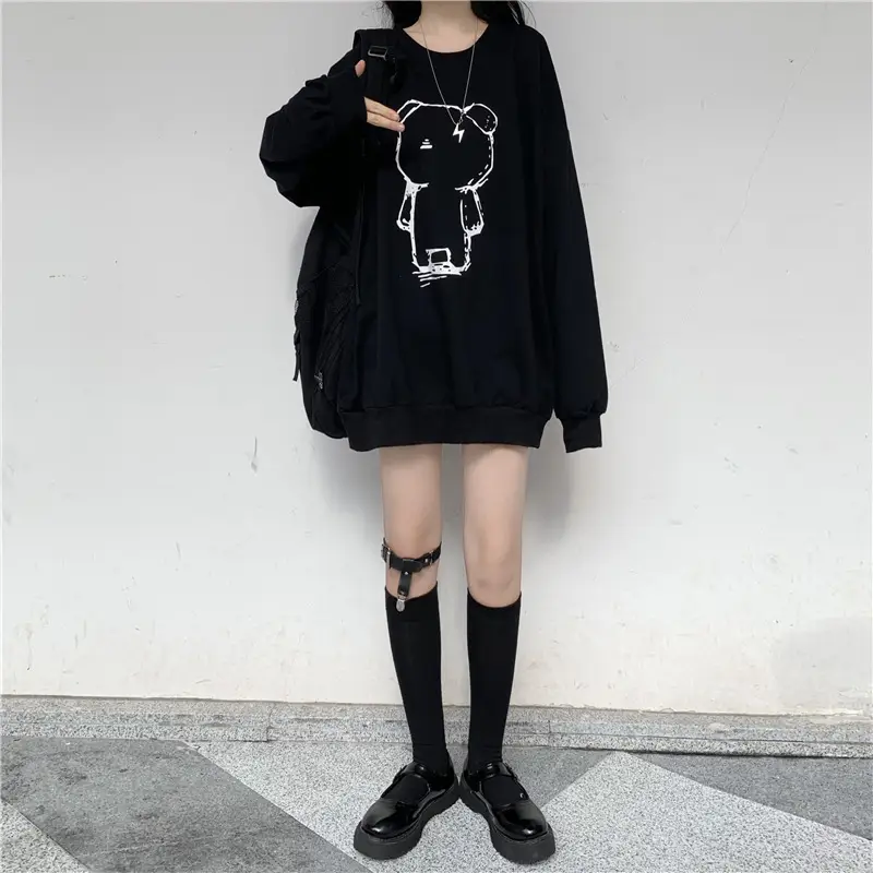 Women Loose Fit Cartoon Print Sweatshirt White Velvet Mid Length — feature 14
