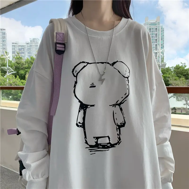 Women Loose Fit Cartoon Print Sweatshirt White Velvet Mid Length — feature 2