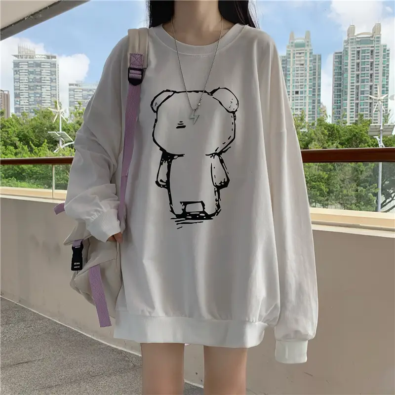 Women Loose Fit Cartoon Print Sweatshirt White Velvet Mid Length — feature 3