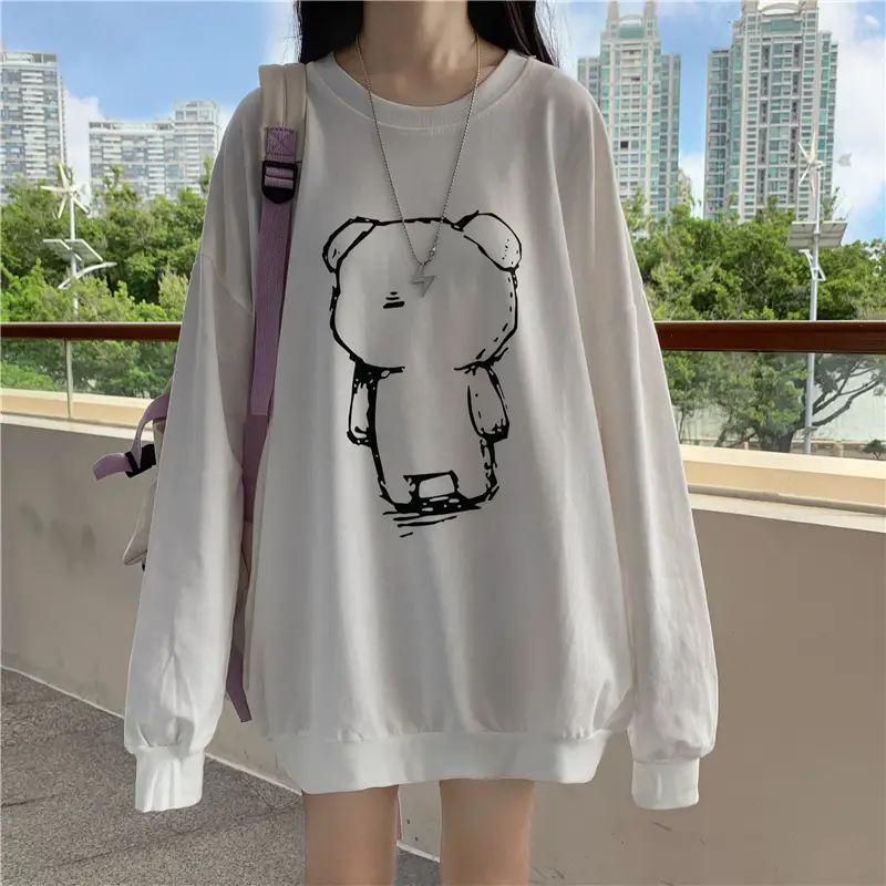 Women Loose Fit Cartoon Print Sweatshirt White Velvet Mid Length — feature 4