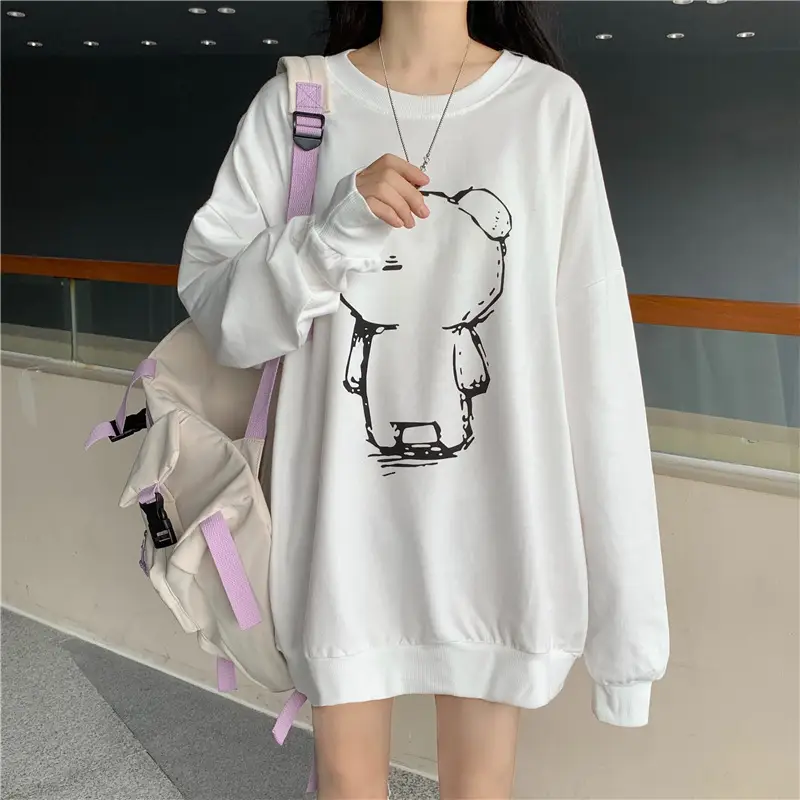 Women Loose Fit Cartoon Print Sweatshirt White Velvet Mid Length — feature 5