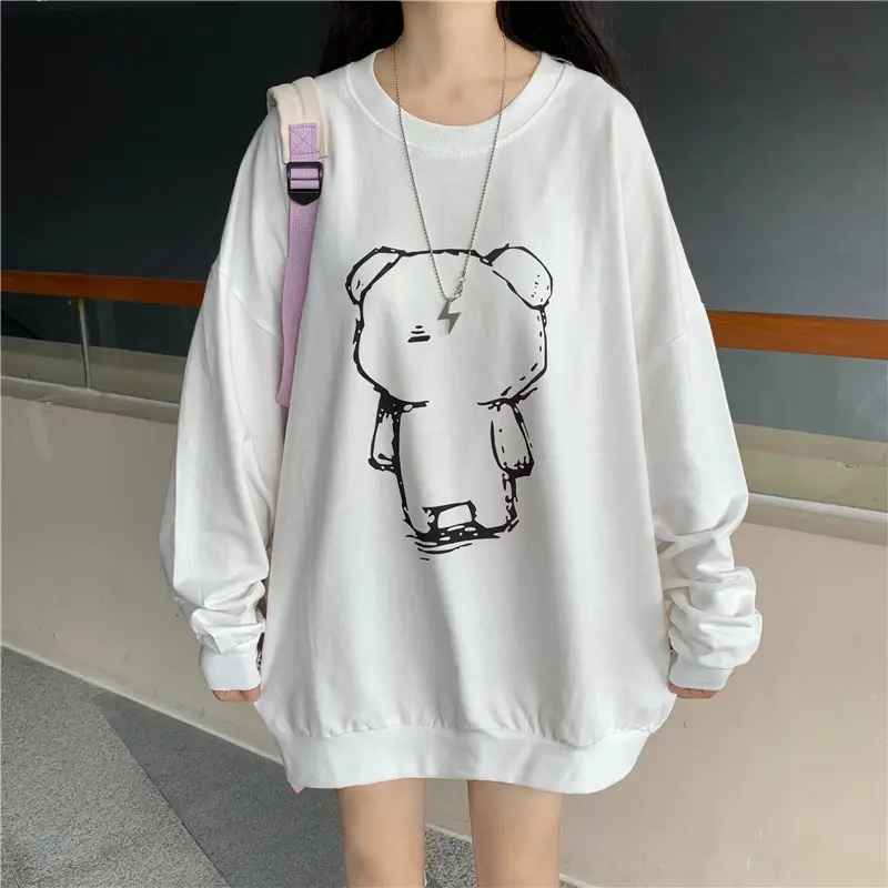 Women Loose Fit Cartoon Print Sweatshirt White Velvet Mid Length — feature 6