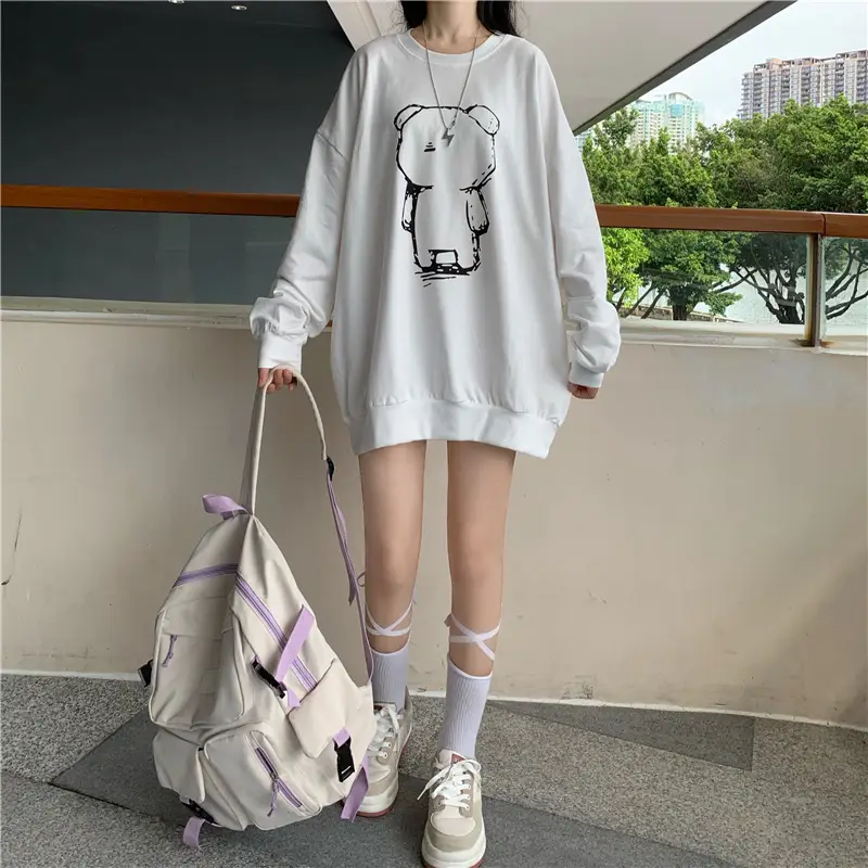 Women Loose Fit Cartoon Print Sweatshirt White Velvet Mid Length — feature 7