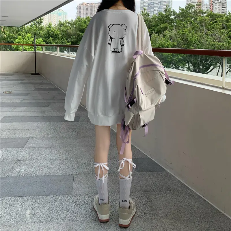 Women Loose Fit Cartoon Print Sweatshirt White Velvet Mid Length — feature 8