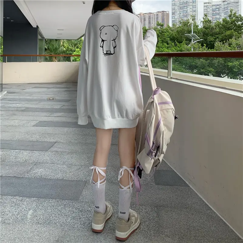 Women Loose Fit Cartoon Print Sweatshirt White Velvet Mid Length — feature 9