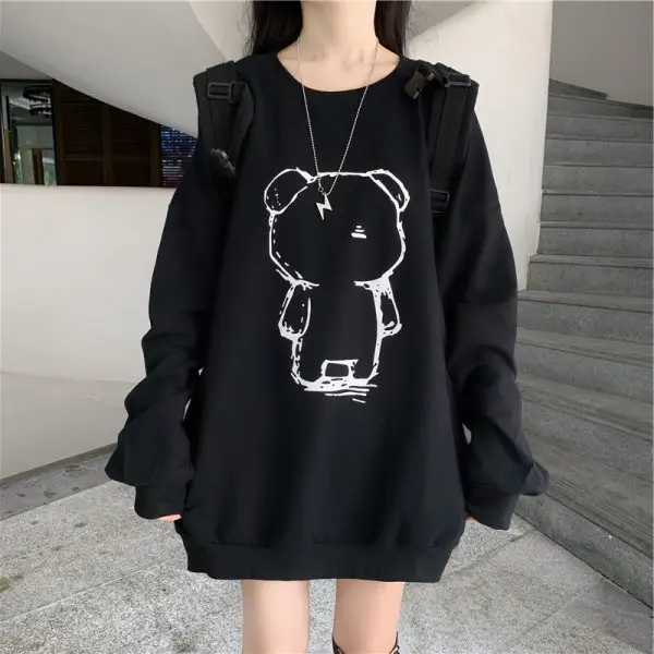 Women Loose Fit Cartoon Print Sweatshirt White Velvet Mid Length - Image 2