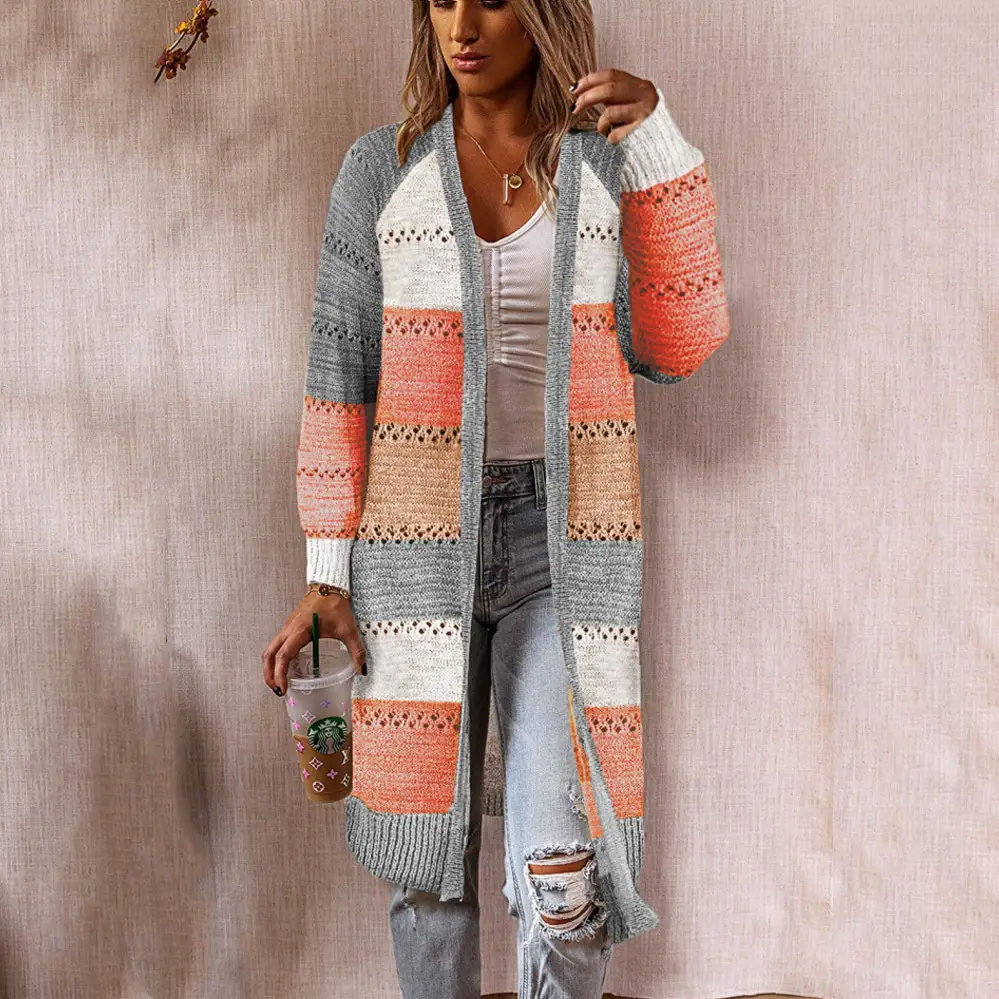 Women's 2024 Cross Border Cardigan Sweater Pink Beige Patterned - Image 9