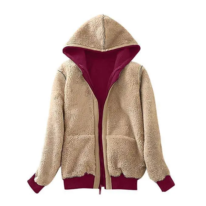 Women's Maroon Plush Hooded Sweatshirt Jacket Plus Size — feature 47
