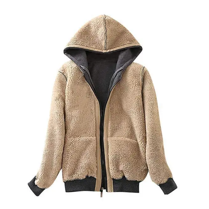 Women's Maroon Plush Hooded Sweatshirt Jacket Plus Size — feature 53