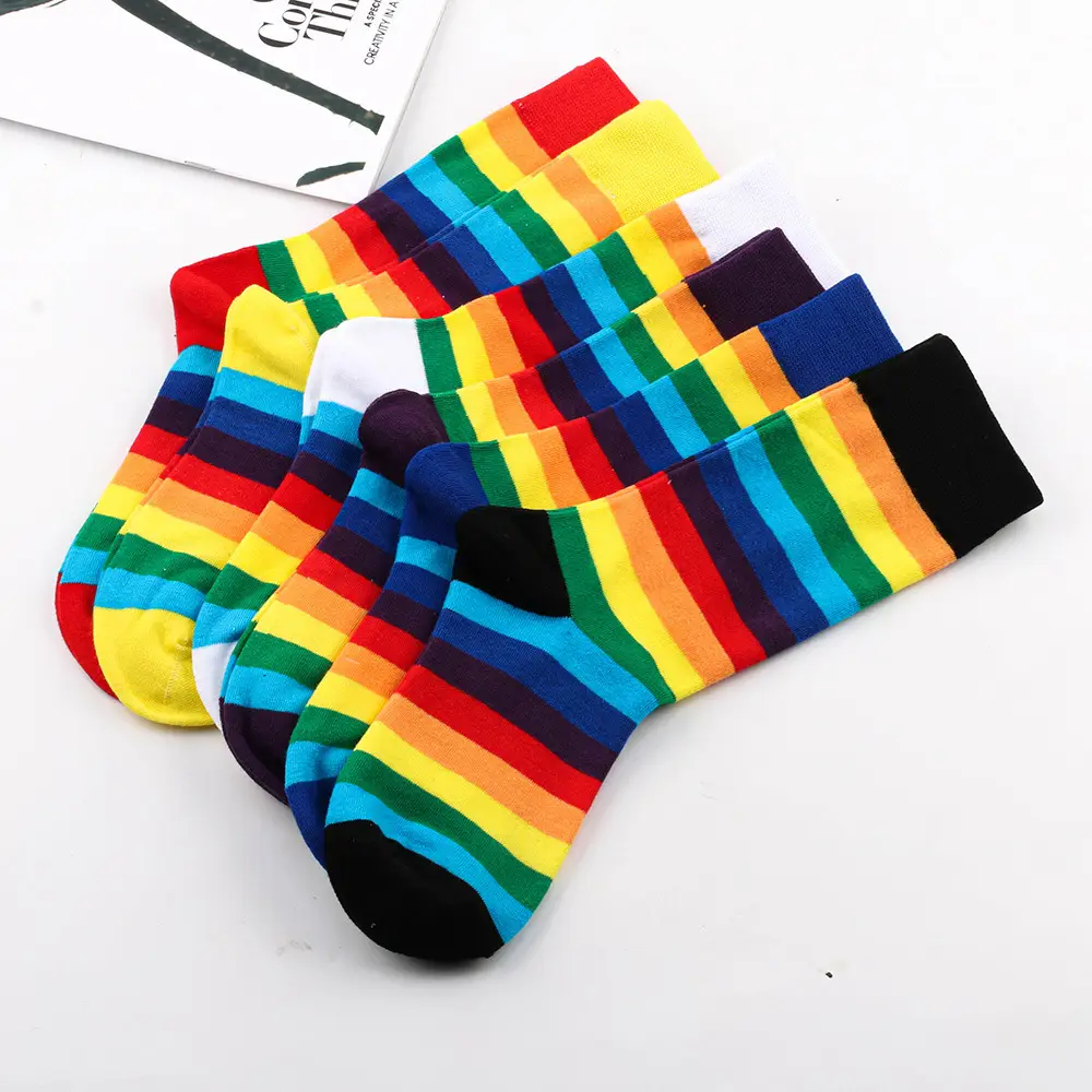 Cross-Border Socks European and American Autumn and Winter Rainbow Socks Women's Mid-Calf Socks Casual Women's Socks Party Party Colorful Striped Socks Men's Socks