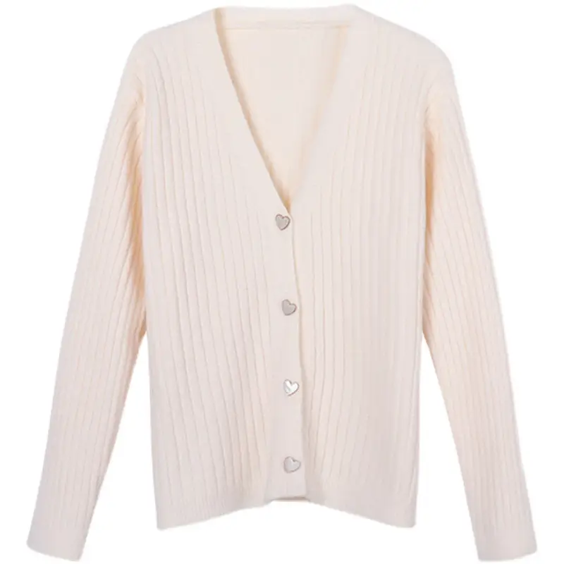 Women V-Neck Knitted Cardigan Cream 2025 Spring - Image 9