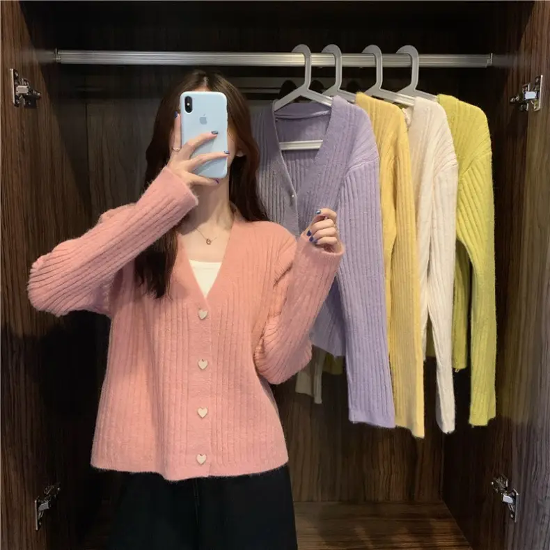 Women V-Neck Knitted Cardigan Cream 2025 Spring — feature 1