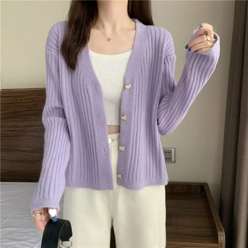 Women V-Neck Knitted Cardigan Cream 2025 Spring — feature 18
