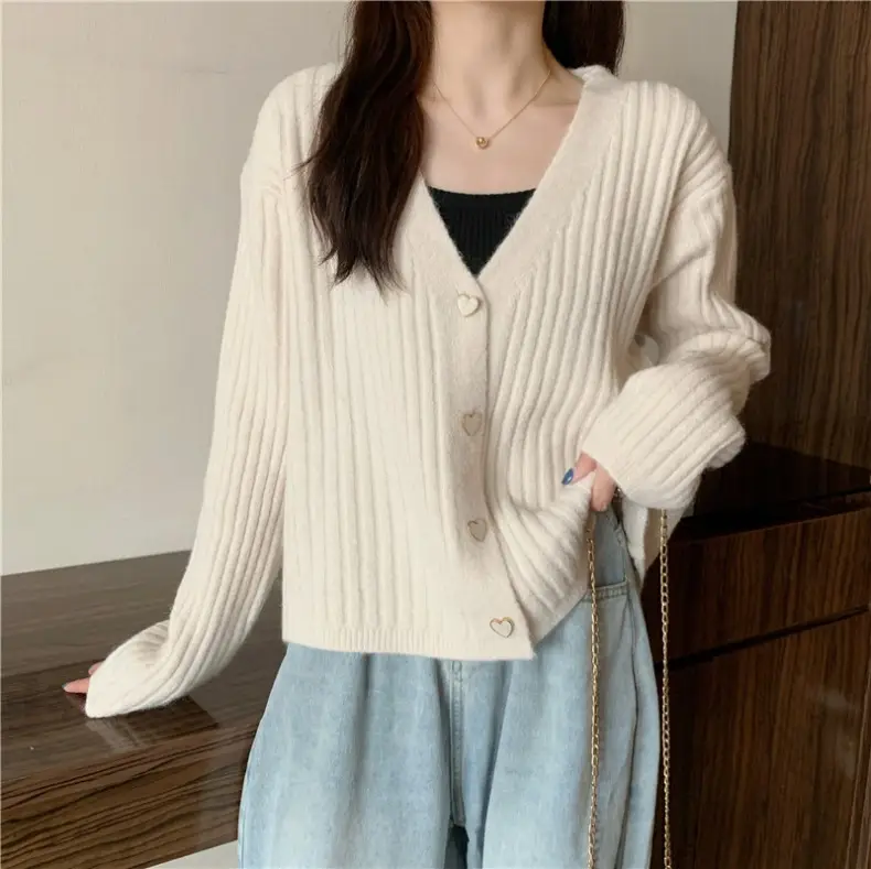 Women V-Neck Knitted Cardigan Cream 2025 Spring — feature 19