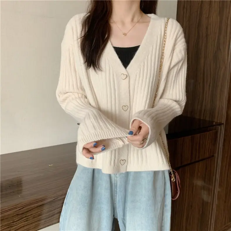 Women V-Neck Knitted Cardigan Cream 2025 Spring — feature 20