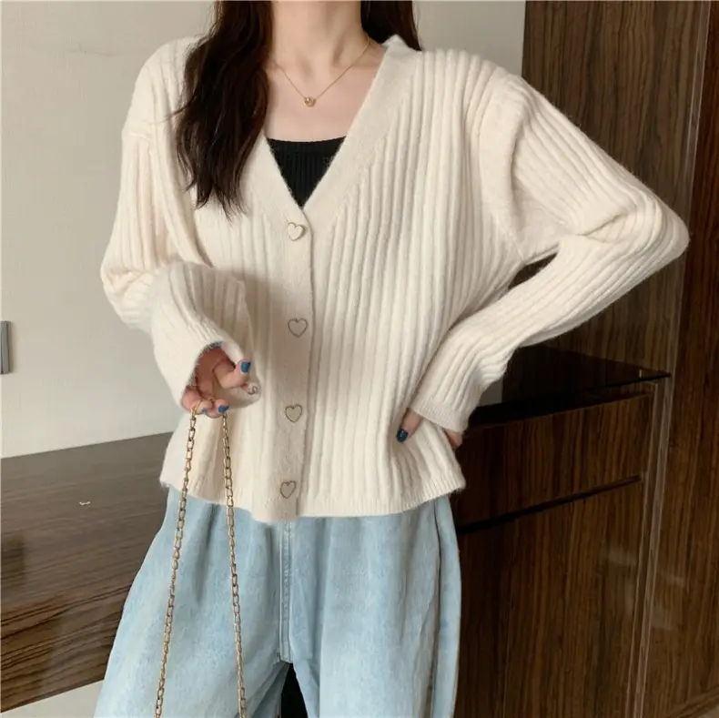 Women V-Neck Knitted Cardigan Cream 2025 Spring — feature 21