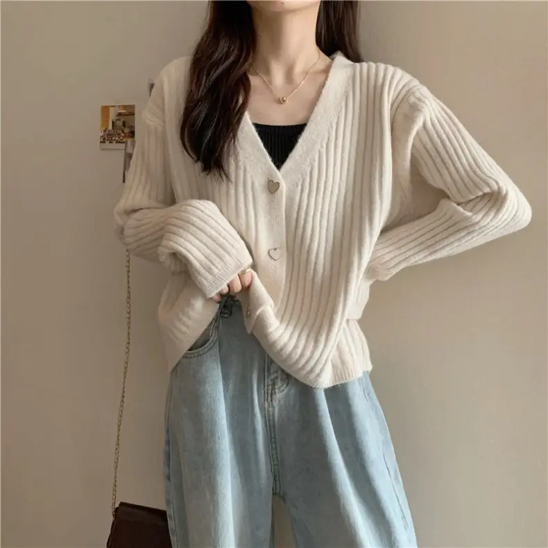 Women V-Neck Knitted Cardigan Cream 2025 Spring — feature 22