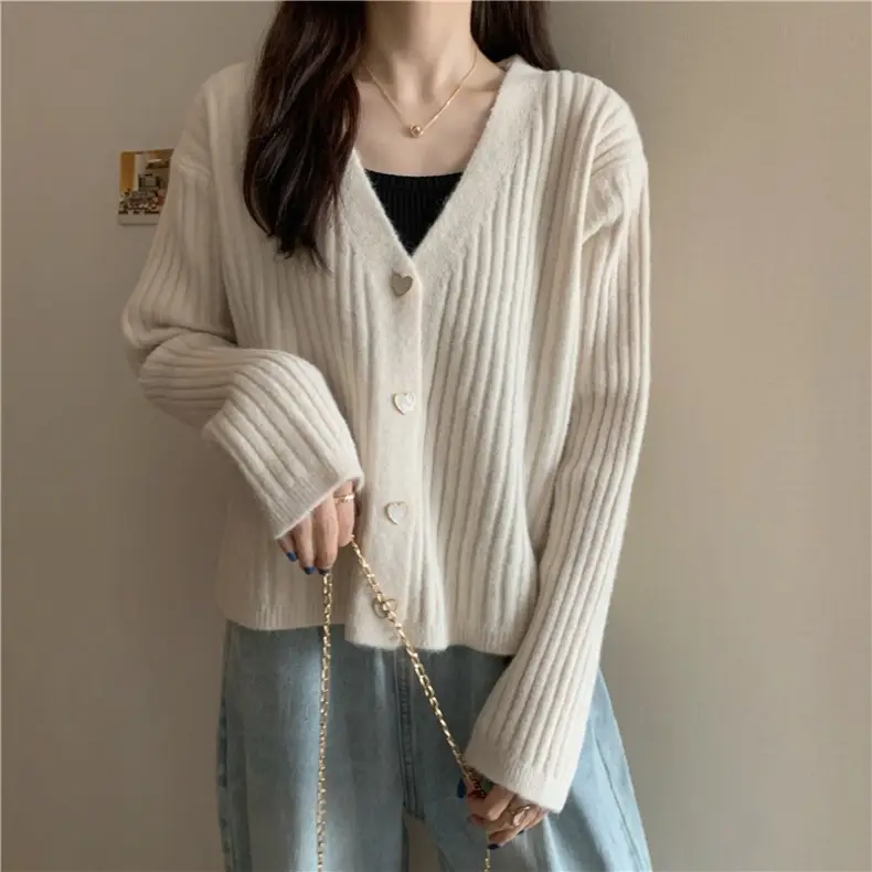 Women V-Neck Knitted Cardigan Cream 2025 Spring — feature 23