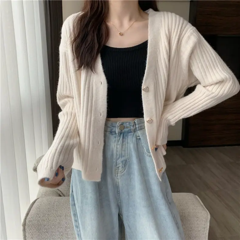 Women V-Neck Knitted Cardigan Cream 2025 Spring — feature 24