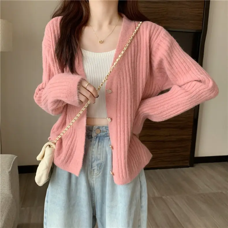 Women V-Neck Knitted Cardigan Cream 2025 Spring — feature 4