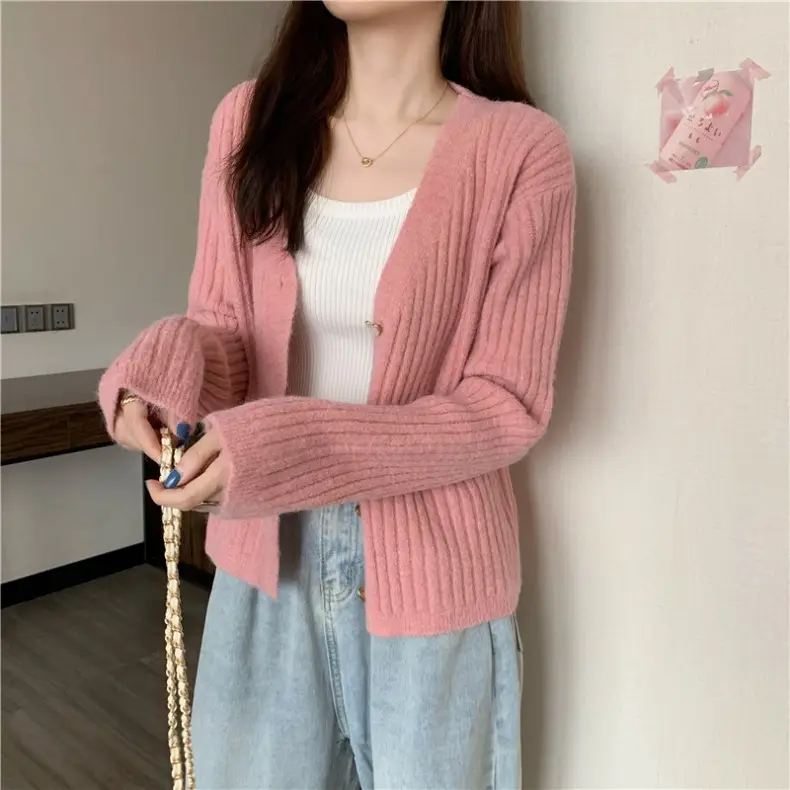 Women V-Neck Knitted Cardigan Cream 2025 Spring — feature 6