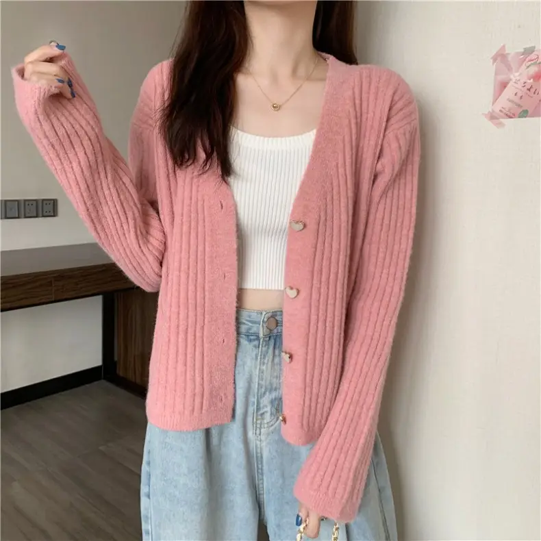 Women V-Neck Knitted Cardigan Cream 2025 Spring — feature 8