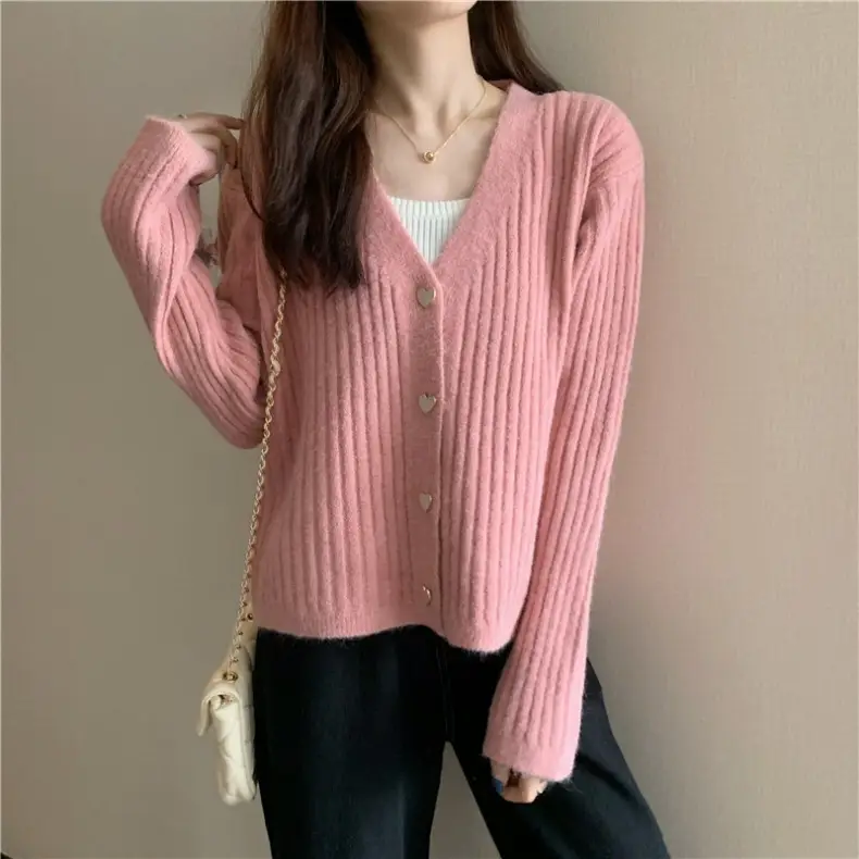 Women V-Neck Knitted Cardigan Cream 2025 Spring — feature 9