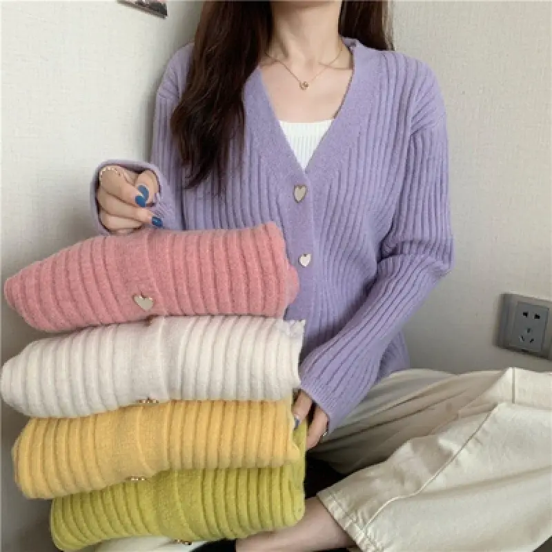 Women V-Neck Knitted Cardigan Cream 2025 Spring - Image 2