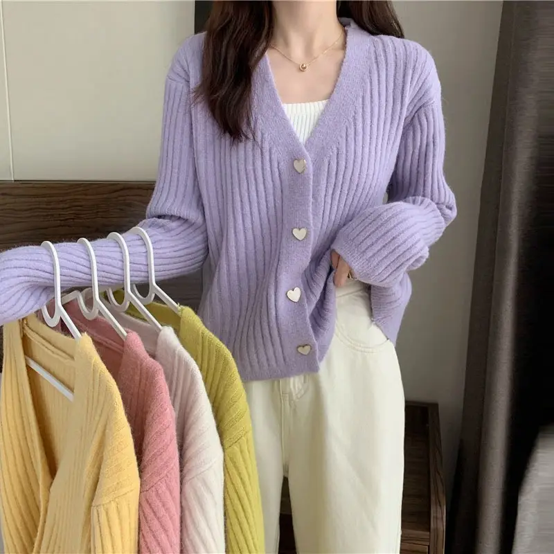 Women V-Neck Knitted Cardigan Cream 2025 Spring - Image 3
