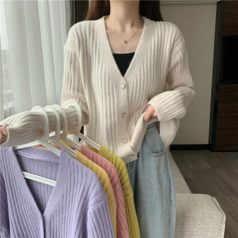 Women V-Neck Knitted Cardigan Cream 2025 Spring - Image 4