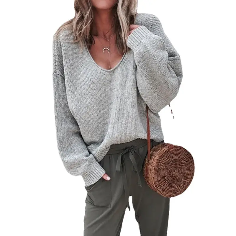 Women V Neck Knitted Pullover Purple Winter Casual - Image 19