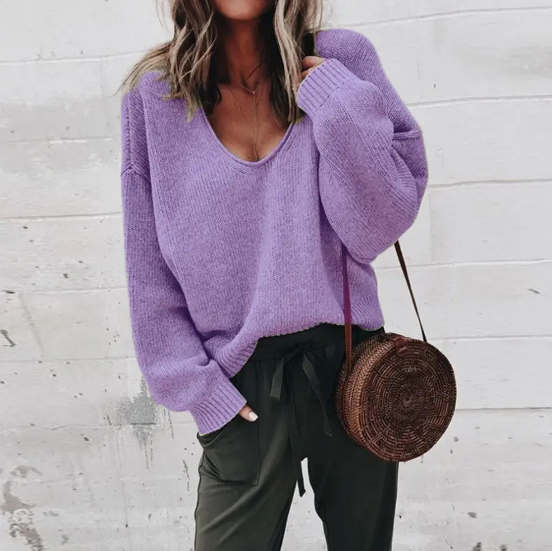 Women V Neck Knitted Pullover Purple Winter Casual - Image 7