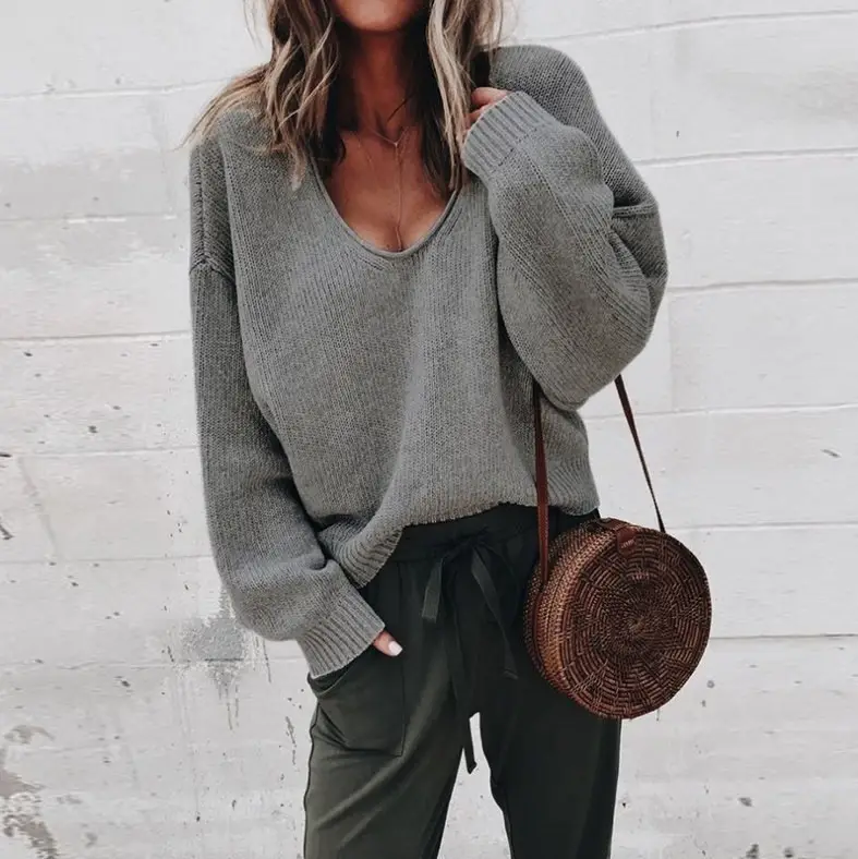 Women V Neck Knitted Pullover Purple Winter Casual - Image 13
