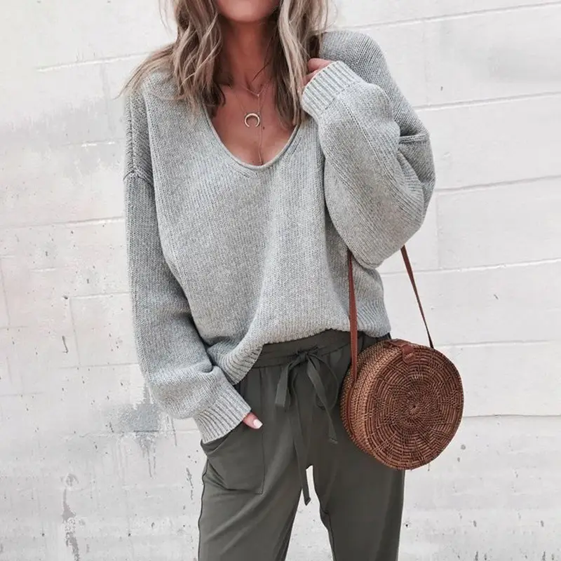 Women V Neck Knitted Pullover Purple Winter Casual - Image 14