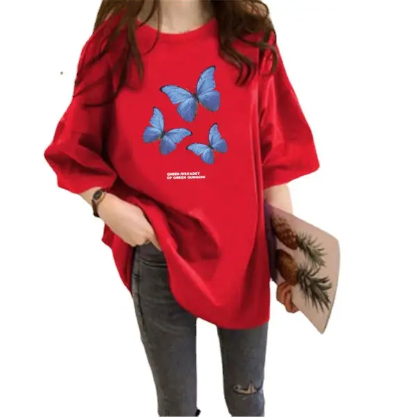 Women Butterfly Print Oversize T-Shirt Purple Spring Summer - Image 15