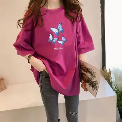 Women Butterfly Print Oversize T-Shirt Purple Spring Summer - Image 10