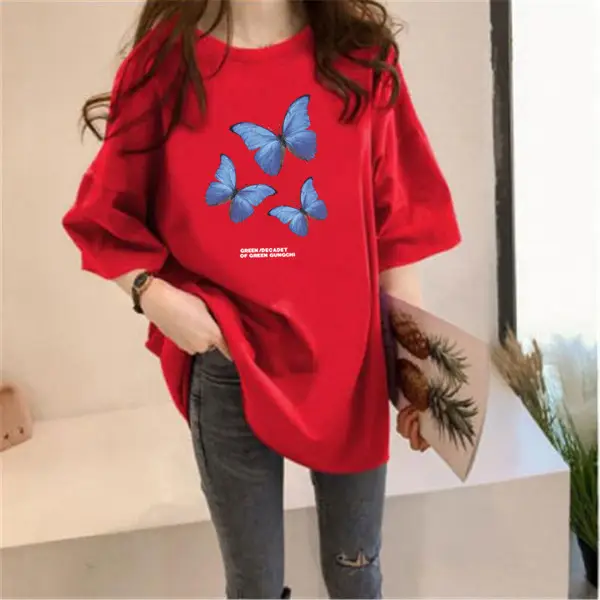 Women Butterfly Print Oversize T-Shirt Purple Spring Summer - Image 5