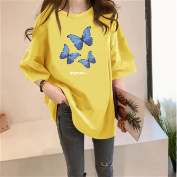 Women Butterfly Print Oversize T-Shirt Purple Spring Summer - Image 6