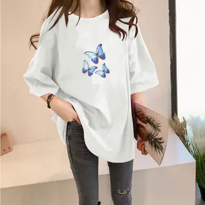 Women Butterfly Print Oversize T-Shirt Purple Spring Summer - Image 8