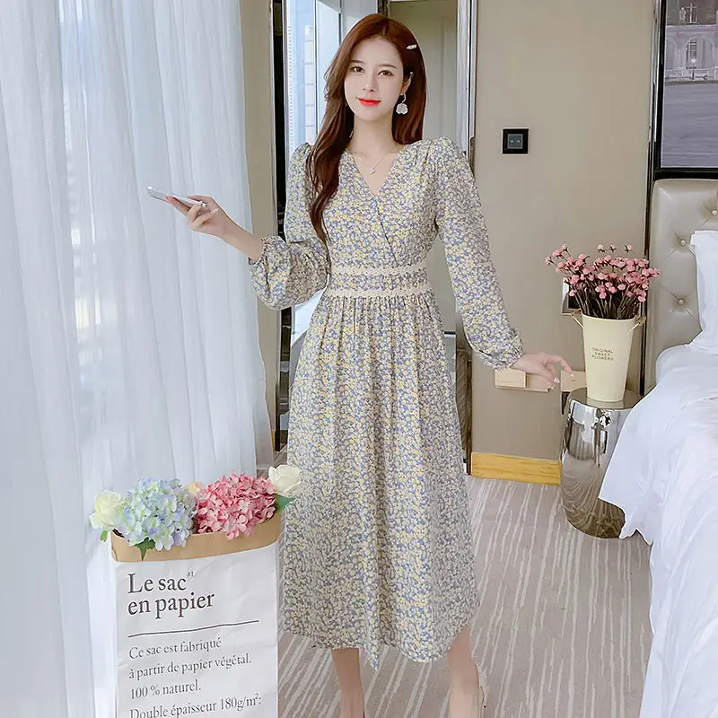 Women Floral V-Neck Dress 2021 Spring Autumn Slimming - Image 6