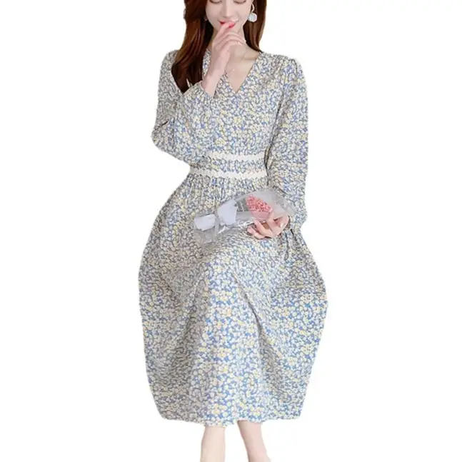 Women Floral V-Neck Dress 2021 Spring Autumn Slimming - Image 7
